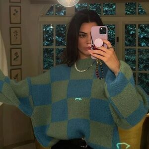 STINE GOYA Blue and Green Checkered Sweater